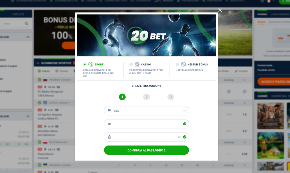 {21} La ben progettata interfaccia del sito di <strong>20Bet</strong> è evidente anche nel processo di <strong>registrazione</strong> semplice e veloce. Nella homepage, basta cliccare sul pulsante arancione con la scritta “